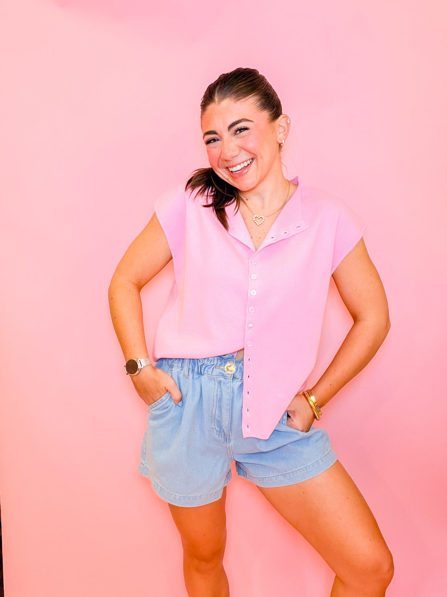 CAP SLEEVE LIGHTWEIGHT SWEATER - LIGHT PINK