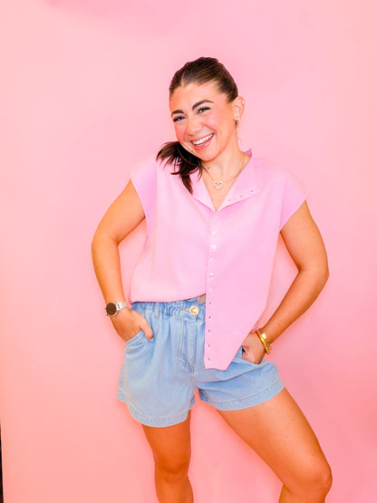 CAP SLEEVE LIGHTWEIGHT SWEATER - LIGHT PINK