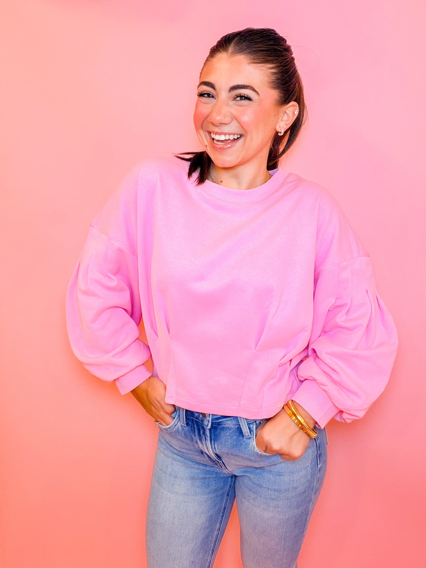PUFF SLEEVE PLEATED TOP - BUBBLE GUM
