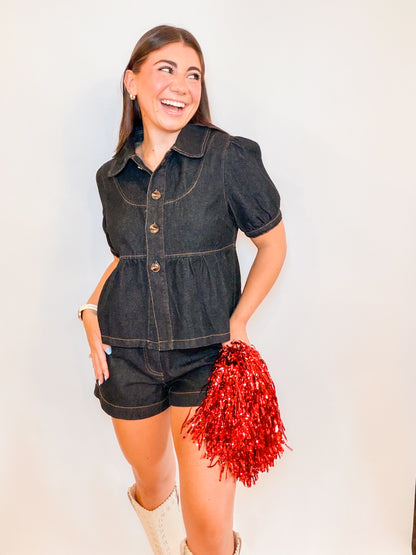 PETER PAN PUFF SLV TOP + DENIM SHORTS SET