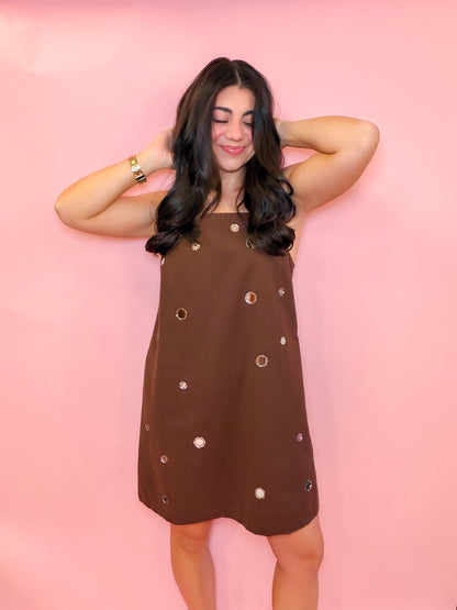 MIRROR EMBELLISHED A-LINE MINI DRESS - CHOCOLATE