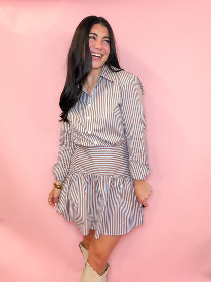 STRIPED DROP WAIST POPLIN DRESS