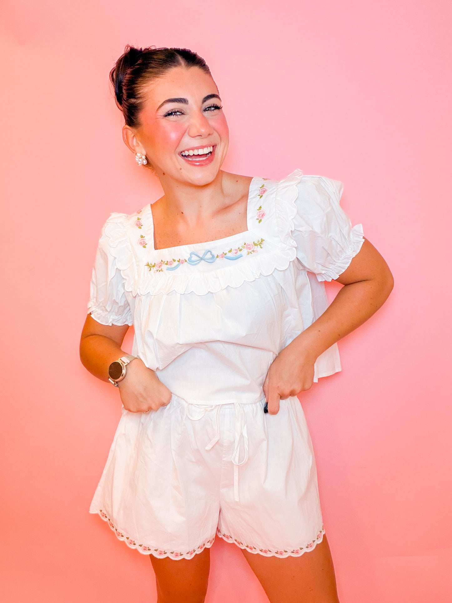 EMBROIDERED SQUARE NECK TOP & SHORT SET - WHITE