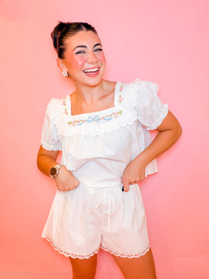 EMBROIDERED SQUARE NECK TOP & SHORT SET - WHITE