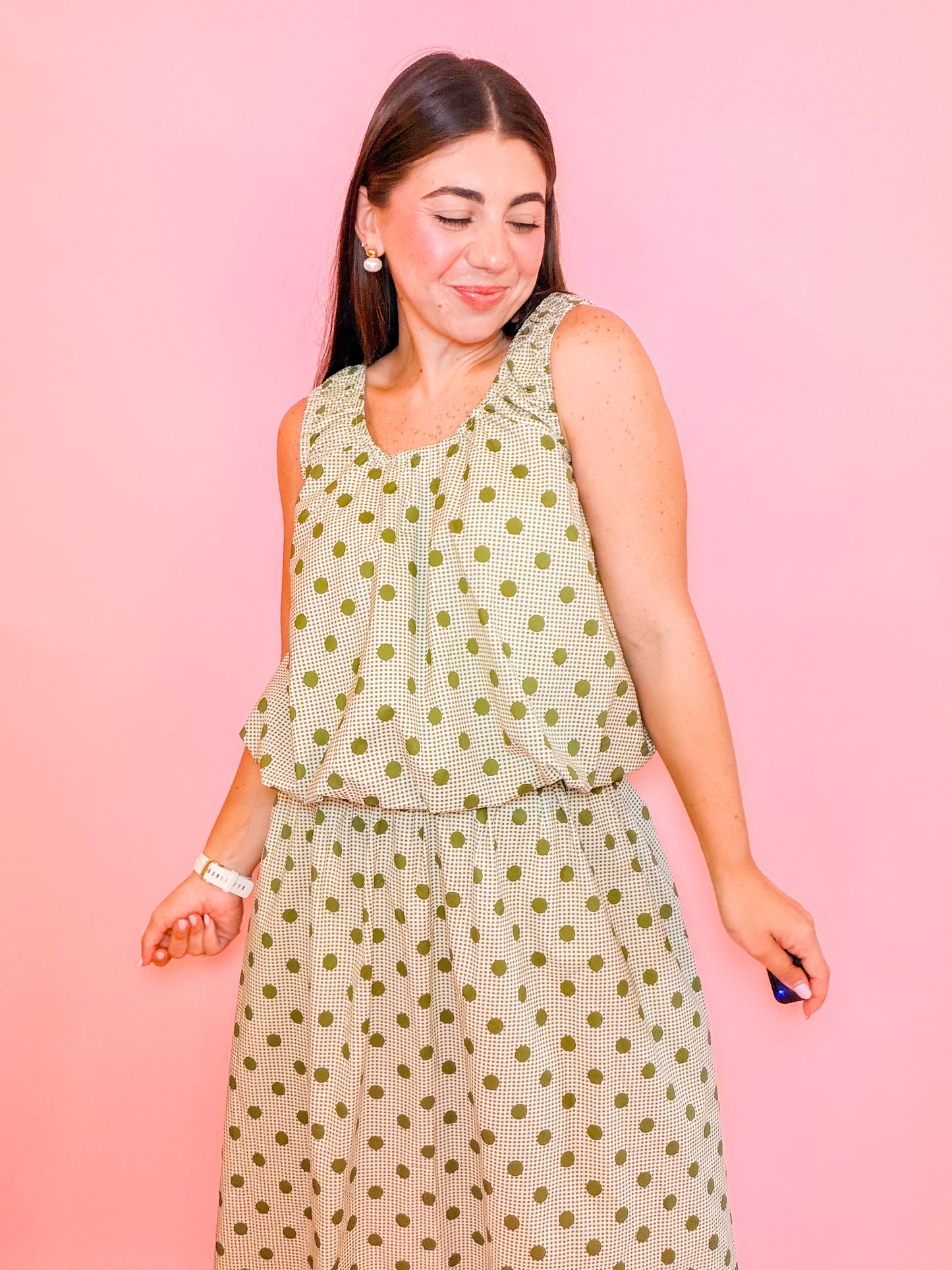 POLKA DOT BUBBLE TANK - OLIVE
