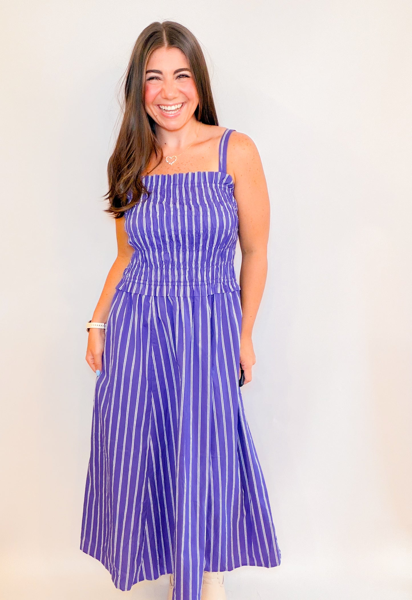 STRIPED MIDI DRESS WITH SMOCKED BODICE