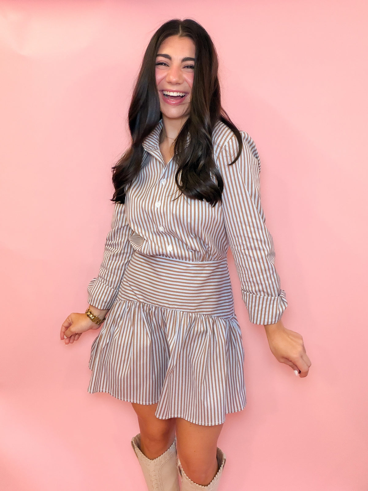 STRIPED DROP WAIST POPLIN DRESS