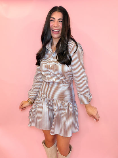 STRIPED DROP WAIST POPLIN DRESS