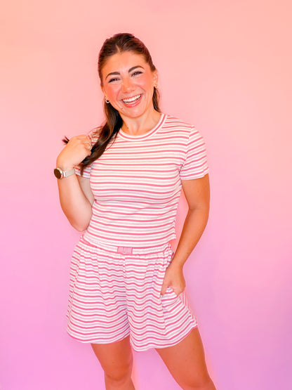 STRIPED RIBBED LOUNGE TOP + SHORTS SET - PINK/ROSE