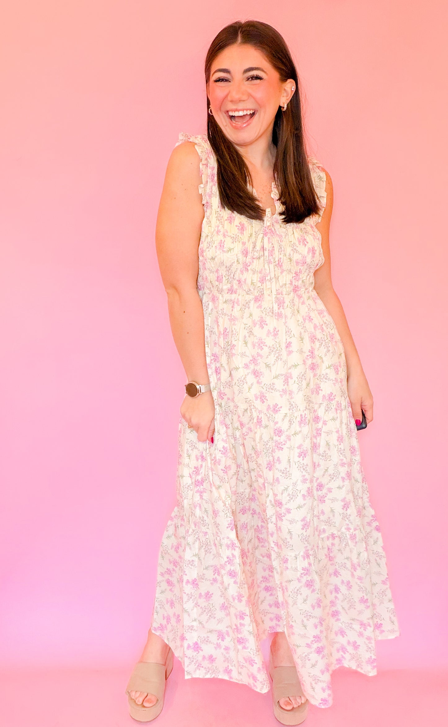 FLORAL SMOCKED MIDI DRESS - LILAC/ECRU