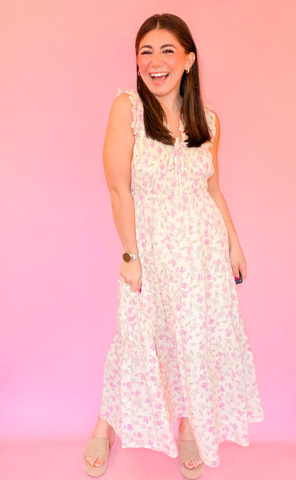 FLORAL SMOCKED MIDI DRESS - LILAC/ECRU