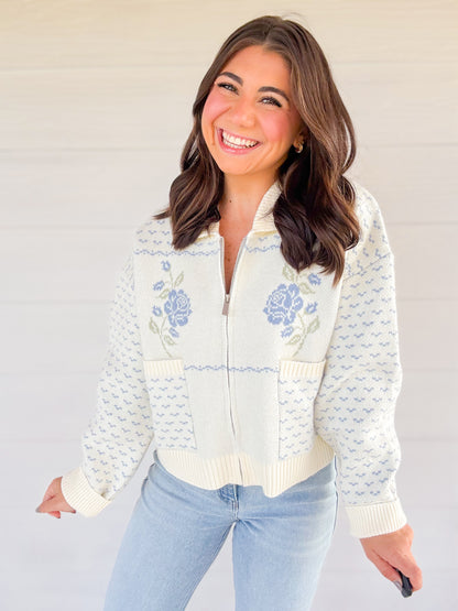 ROSE JACQUARD KNIT ZIP UP JACKET - BLUE