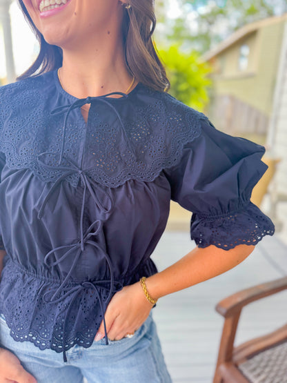 EMBROIDERED BLOUSE WITH FRONT TIES