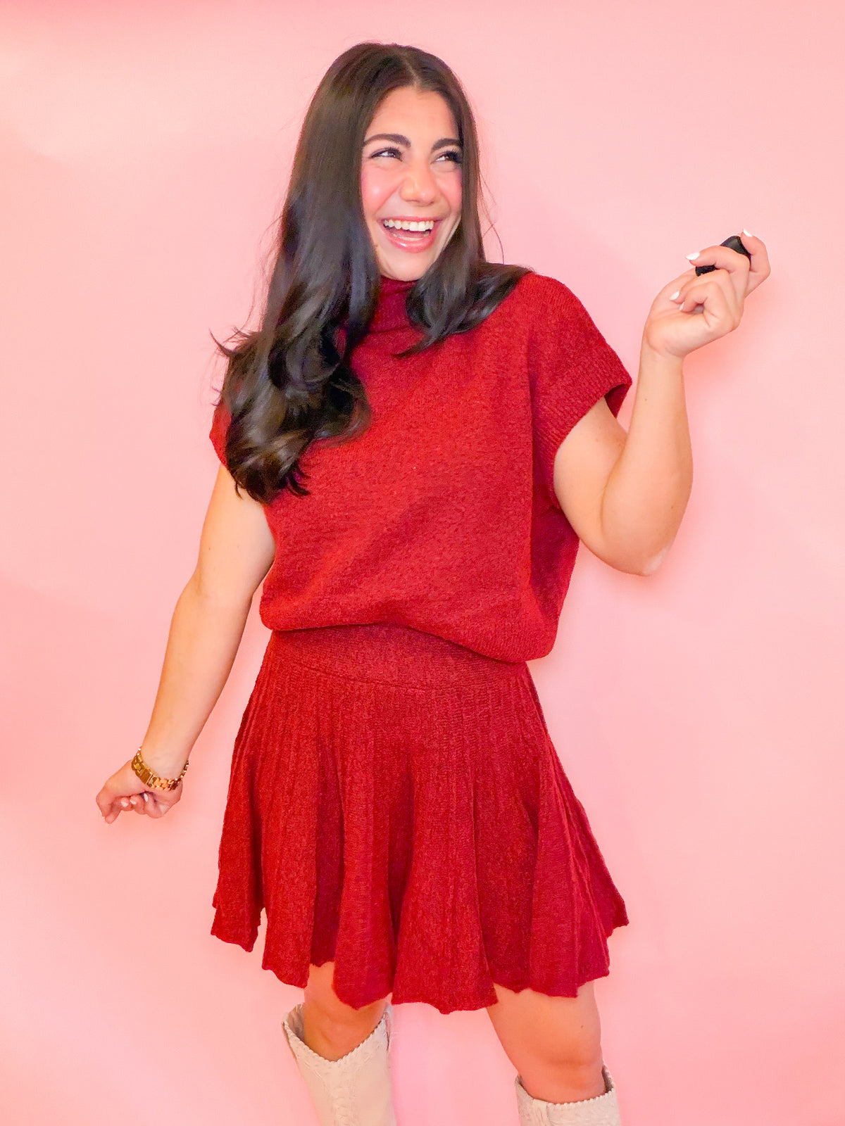 TURTLENECK TOP + PLEATED SKIRT SET - DARK RED