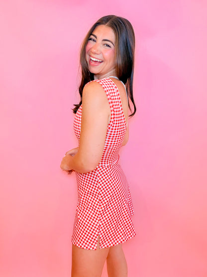 SLEEVELESS WRAP TIE ATHLETIC DRESS - RED GINGHAM