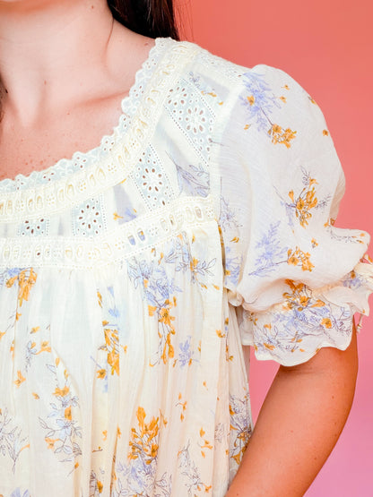 CROCHET FLORAL TIERED DRESS - BUTTER