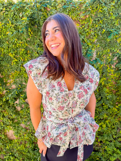 JACQUARD V NECK WAIST TIE VEST