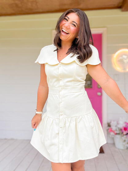 DENIM SCALLOP TIE BACK DRESS