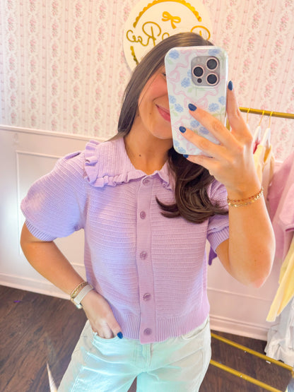 RIBBED KNIT RUFFLE COLLAR TOP - LAVENDER