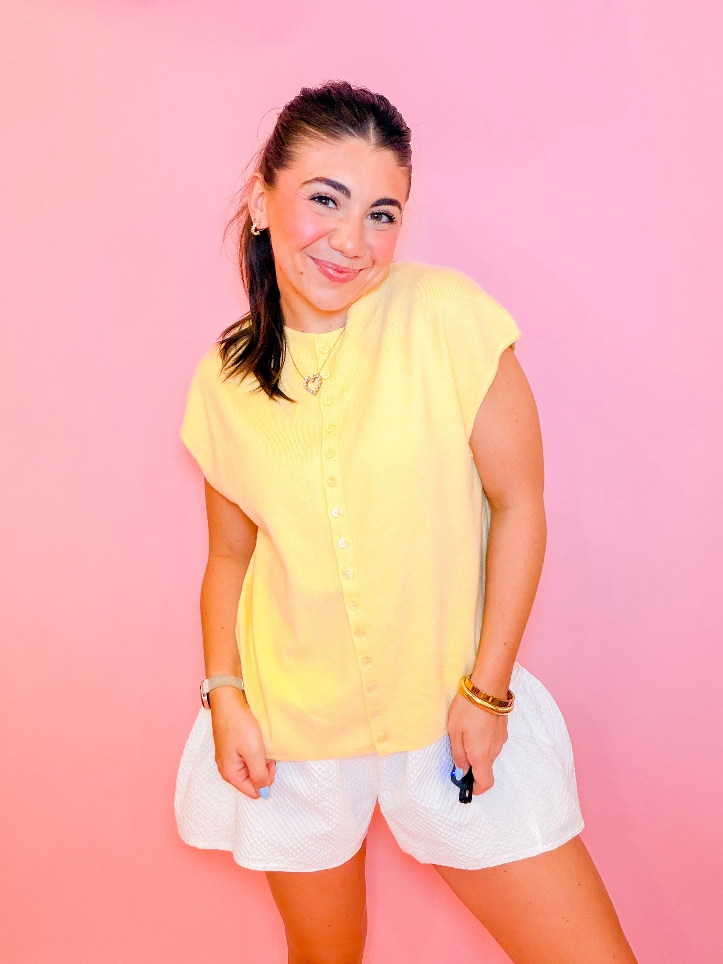 CAP SLEEVE LIGHTWEIGHT SWEATER - LEMON