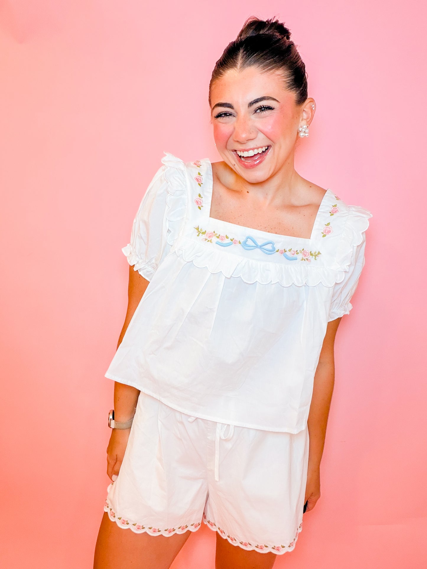 EMBROIDERED SQUARE NECK TOP & SHORT SET - WHITE