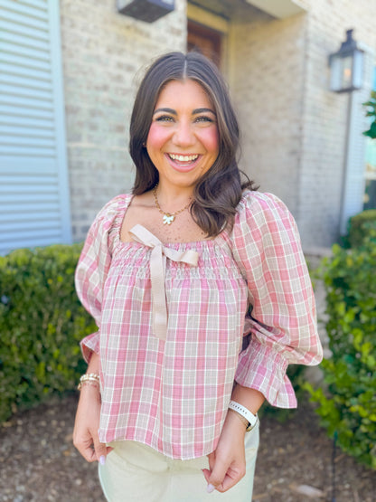 PLAID SQUARE NECK BOW DETAIL TOP