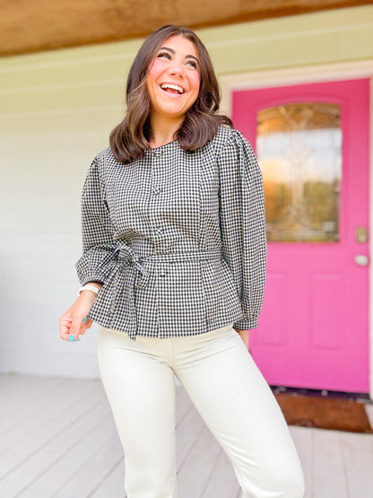 PUFF SLEEVE WRAP TIE PLAID TOP