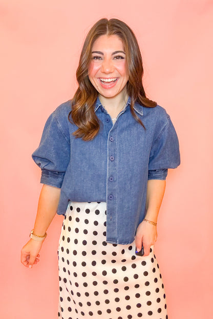PUFF SLV BUTTON DOWN DENIM TOP