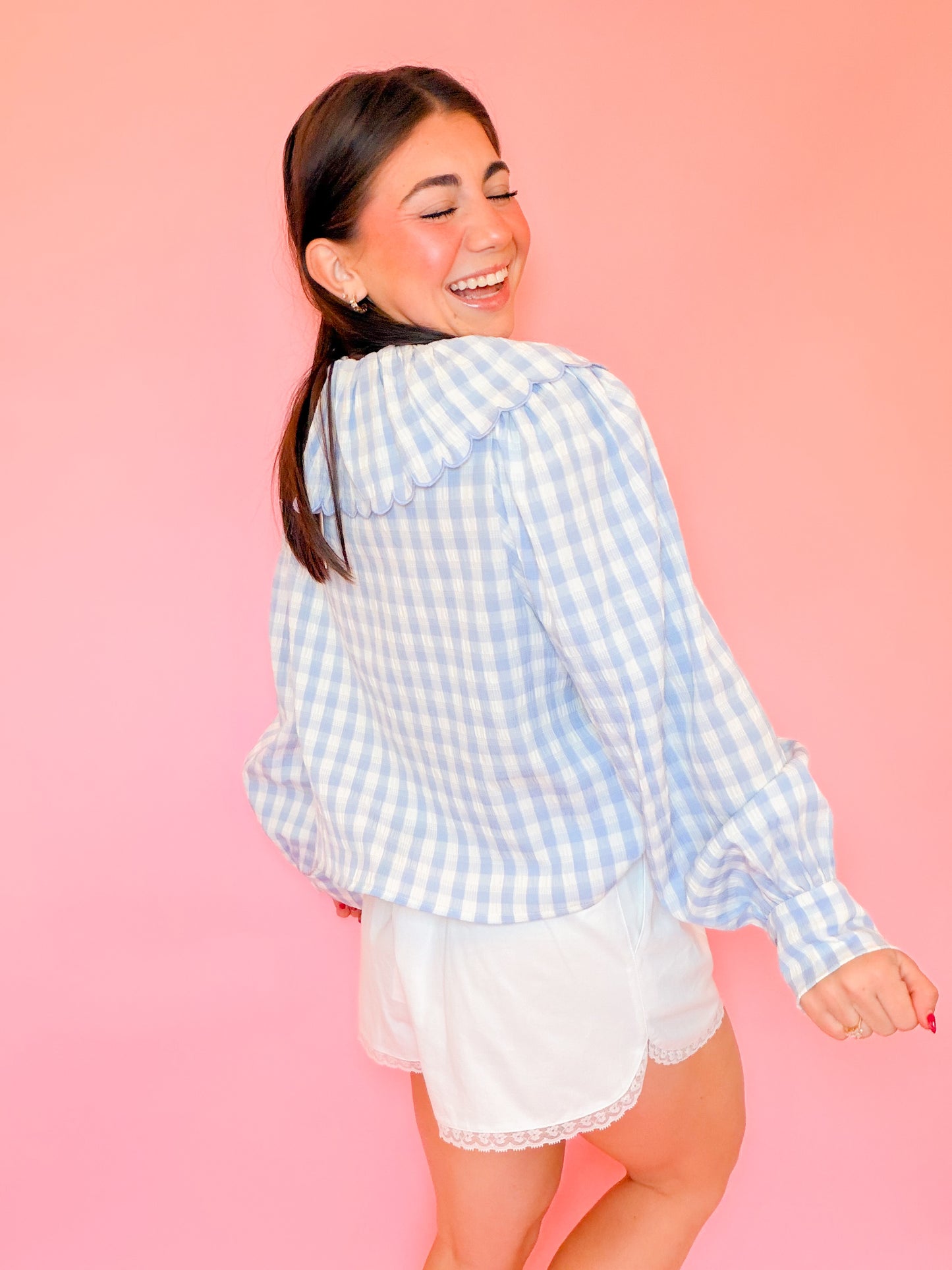GINGHAM LONG SLEEVE BLOUSE - BLUE