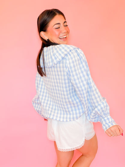 GINGHAM LONG SLEEVE BLOUSE - BLUE
