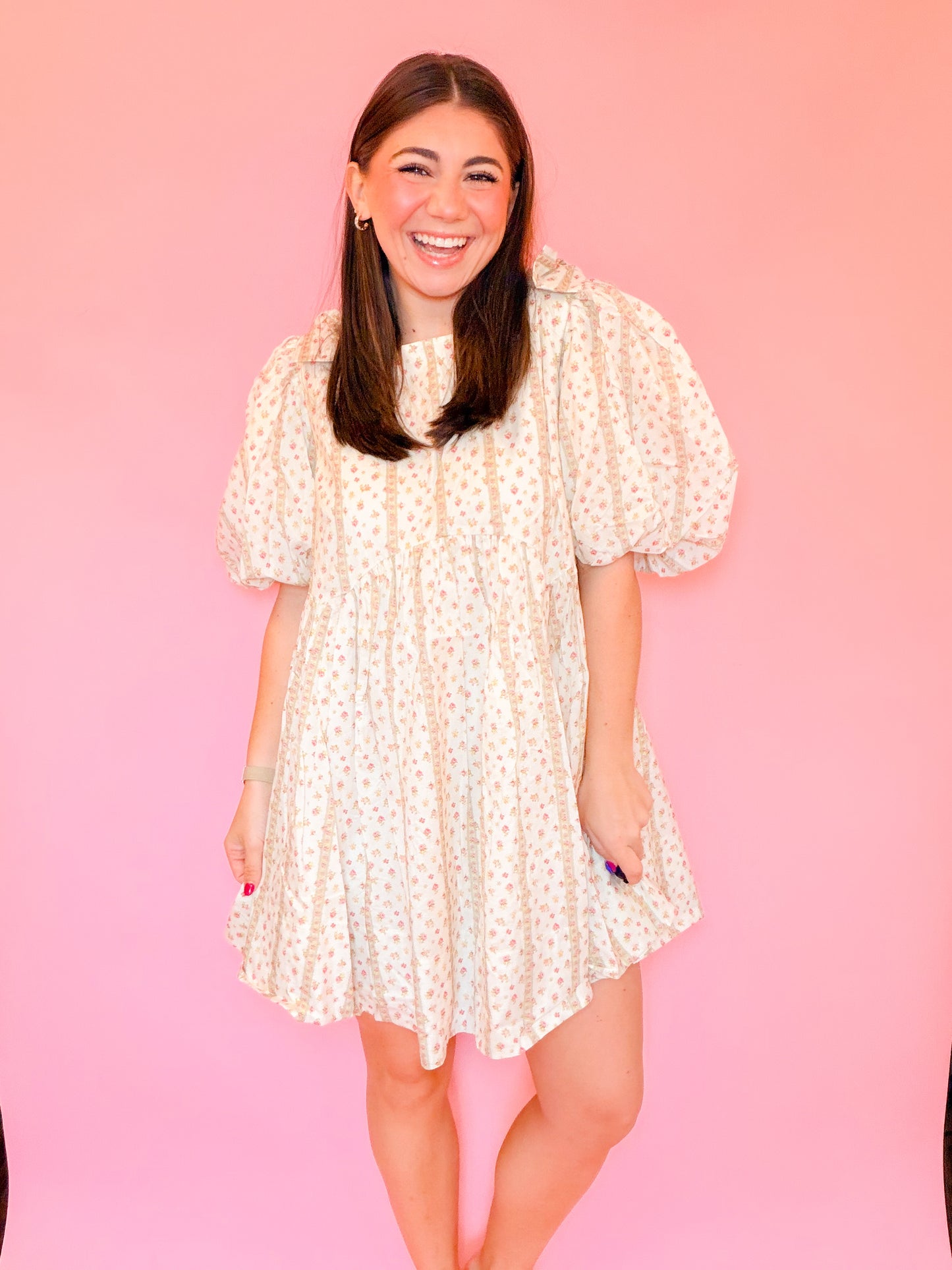 BOW DETAILED FLORAL PRINTED MINI DRESS