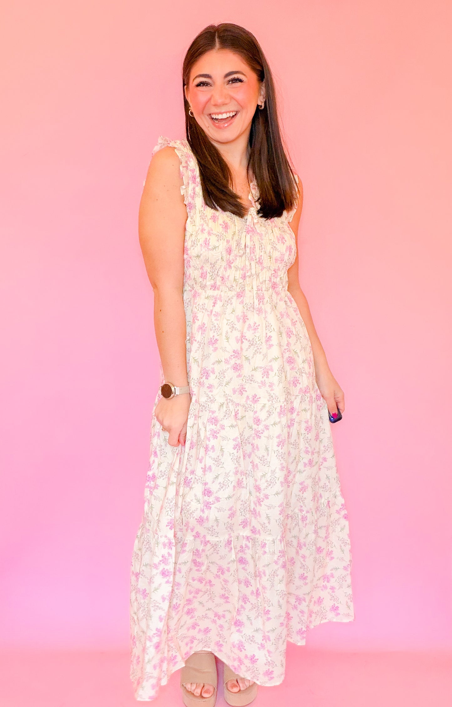 FLORAL SMOCKED MIDI DRESS - LILAC/ECRU
