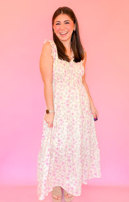 FLORAL SMOCKED MIDI DRESS - LILAC/ECRU