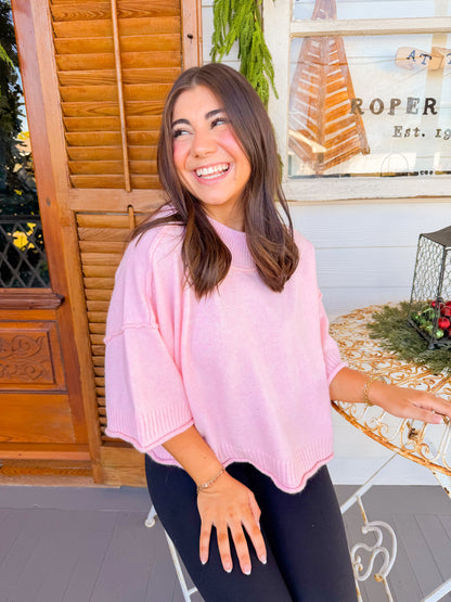 MOCK NECK SHORT SLEEVE SWEATER - PINK