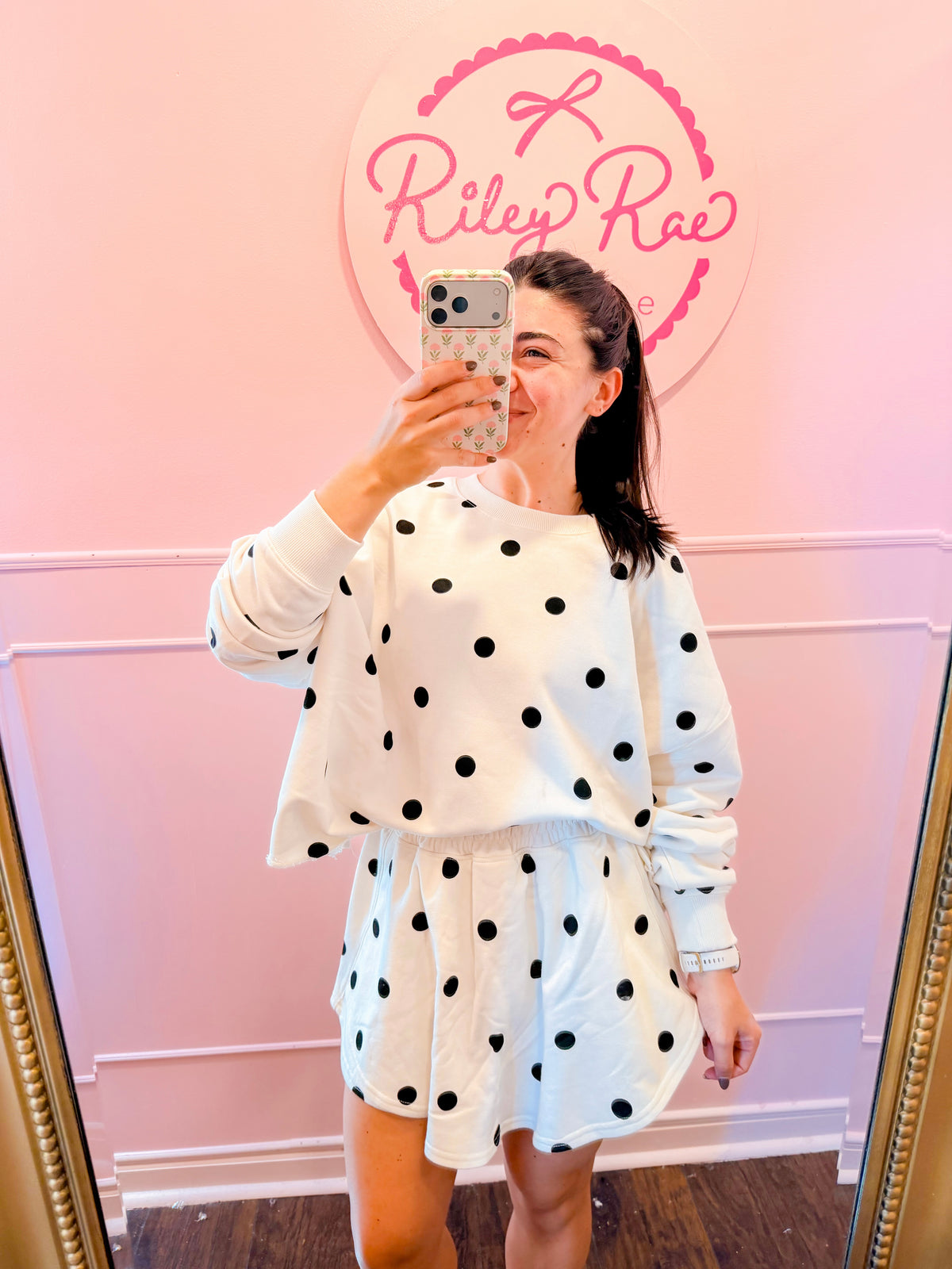 IVORY POLKA DOT LONG SLV + SKORT SET