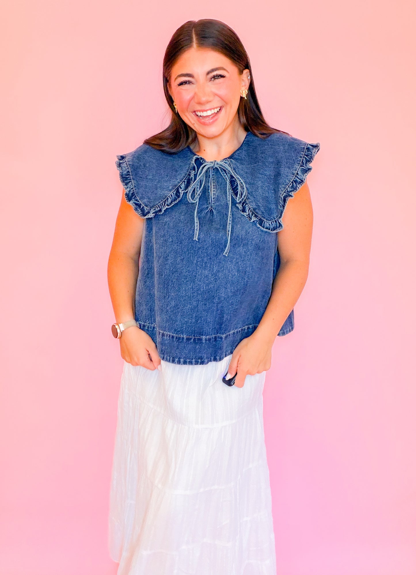 SLEEVELESS DENIM TOP WITH COLLAR