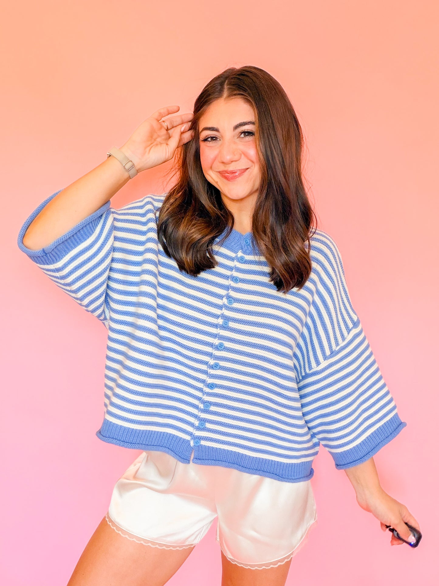 STRIPE BUTTON UP HALF SLEEVE CARDIGAN - BLUE