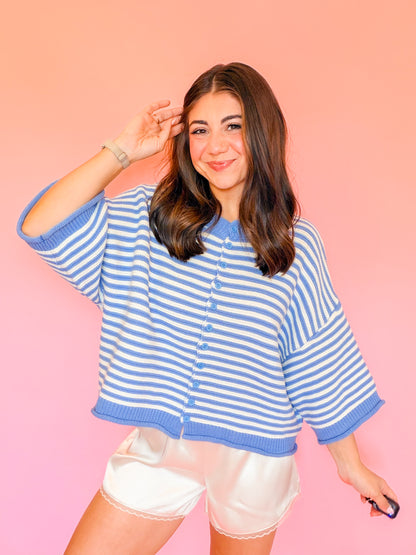STRIPE BUTTON UP HALF SLEEVE CARDIGAN - BLUE