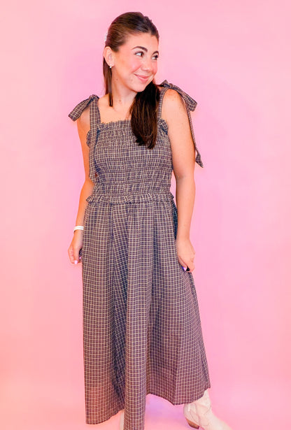 PLAID SMOCKED MIDI DRESS WITH SHOULDER TIE