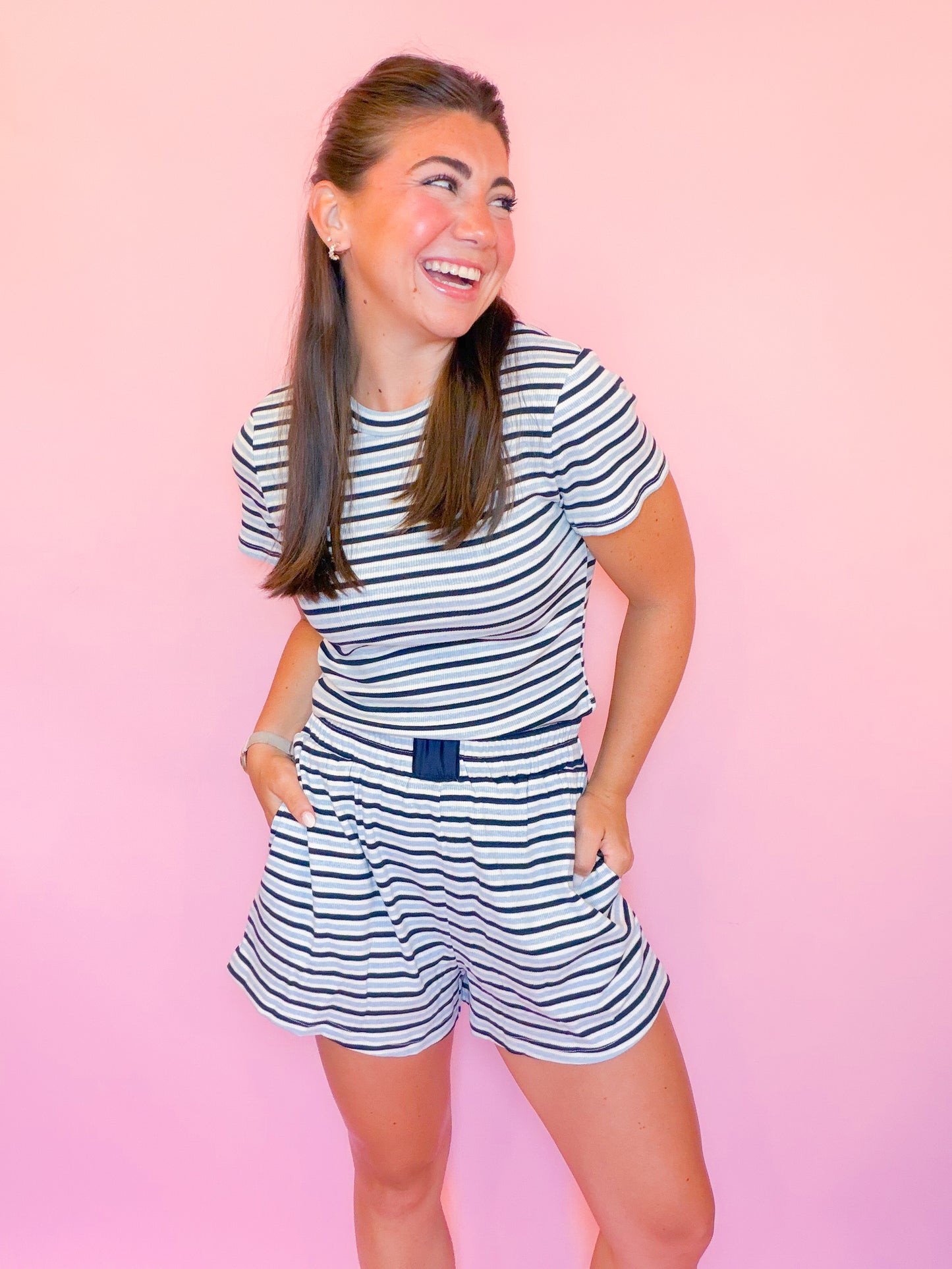 STRIPED RIBBED LOUNGE TOP + SHORTS SET - NAVY/BLUE