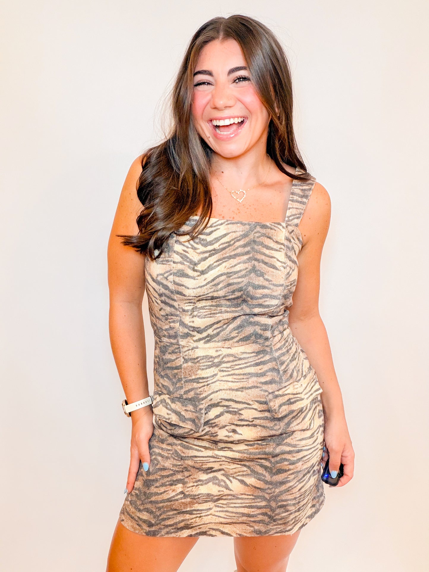 TIGER PRINT DENIM MINI DRESS WITH FLAPS