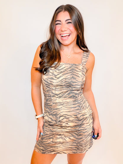 TIGER PRINT DENIM MINI DRESS WITH FLAPS