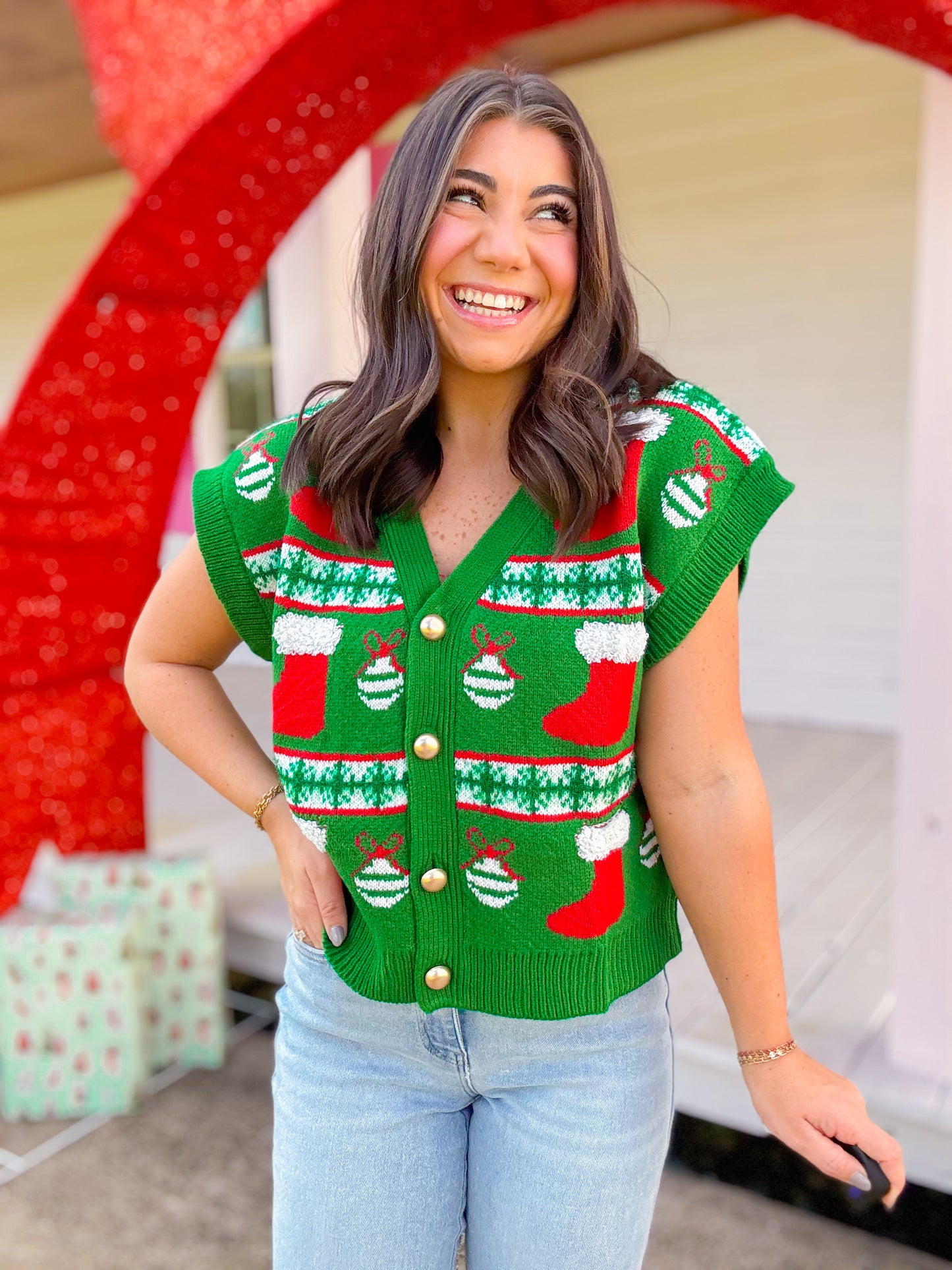 CHRISTMAS ORNAMENT KNIT VEST TOP