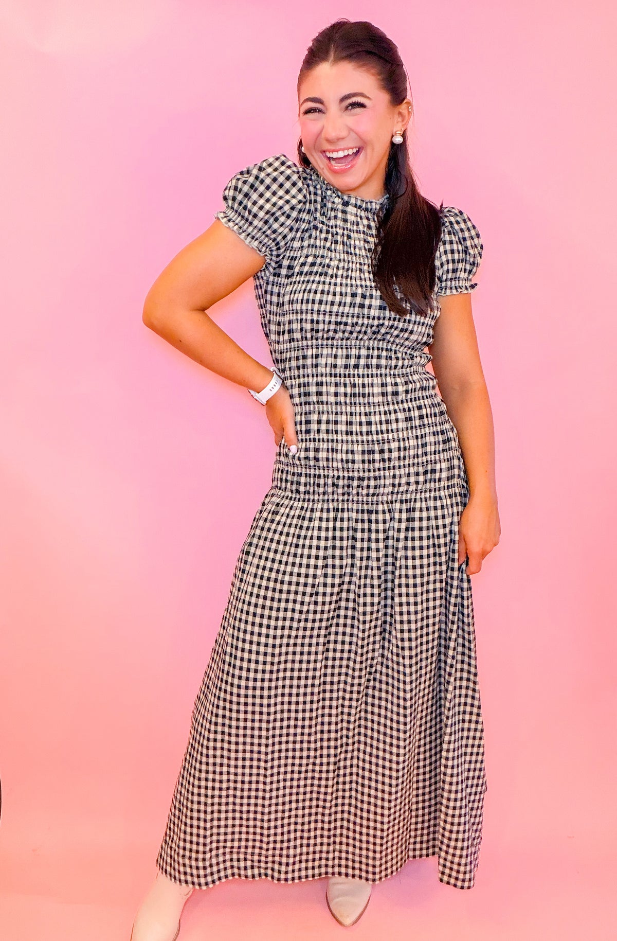 SMOCKED DROP WAIST GINGHAM MIDI DRESS
