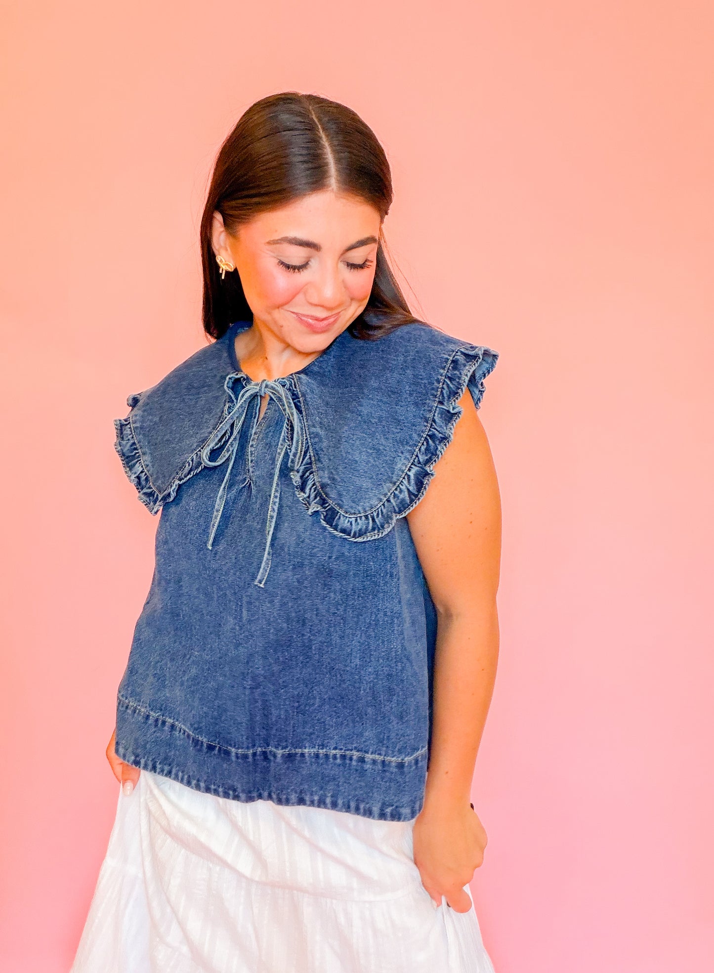 SLEEVELESS DENIM TOP WITH COLLAR