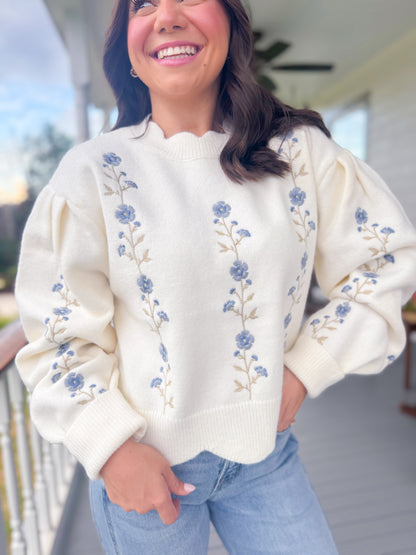 EMBROIDERED FLORAL SCALLOP SWEATER