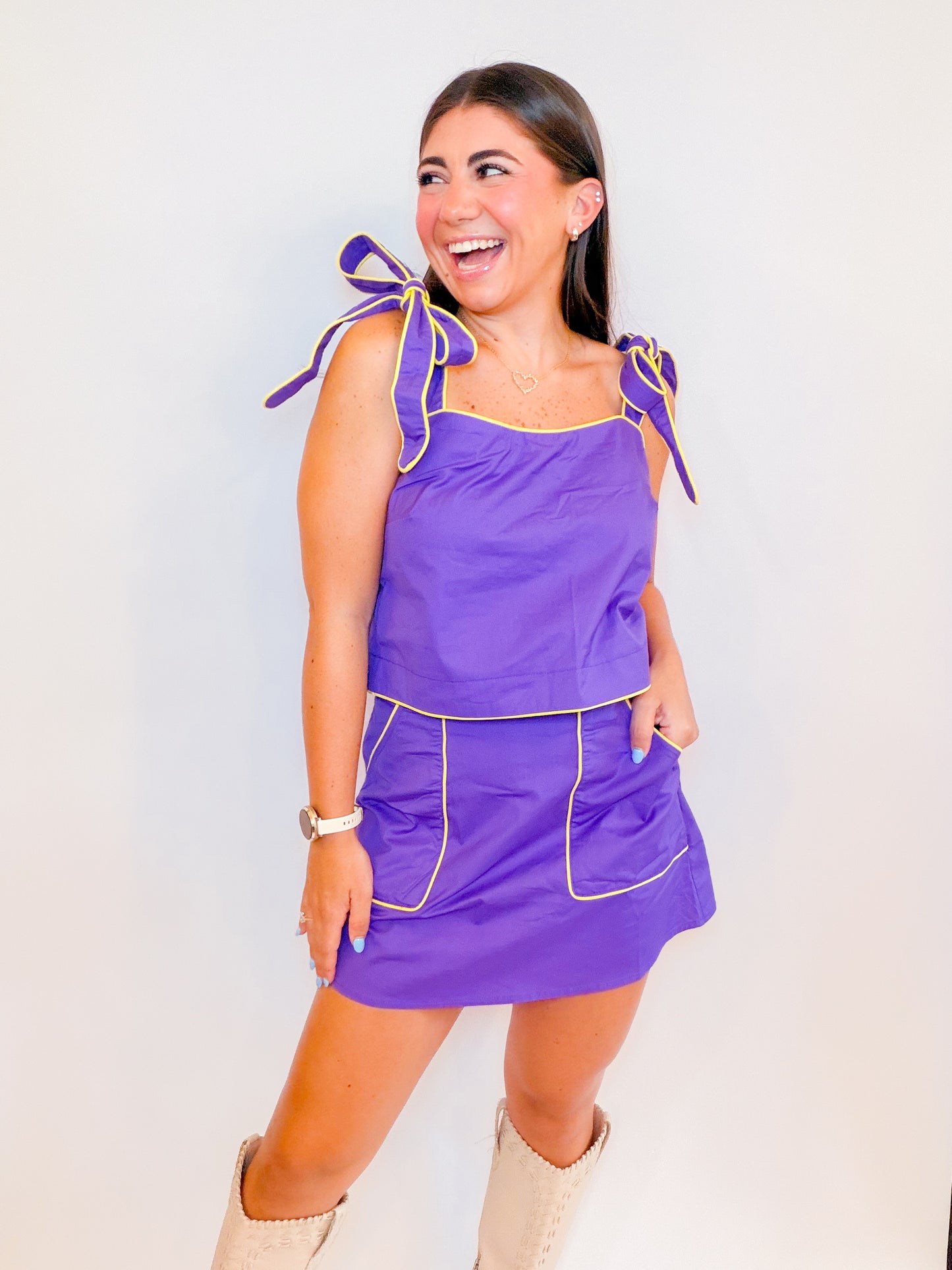 CONTRAST PIPING TOP + HIGH WAIST MINI SKIRT SET