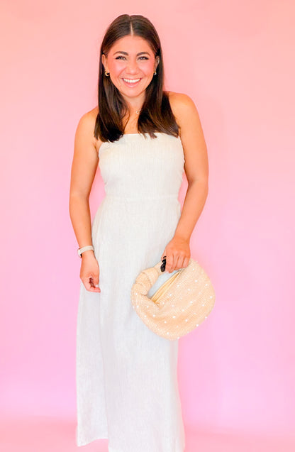 STRAPLESS STRIPED LINEN MIDI DRESS