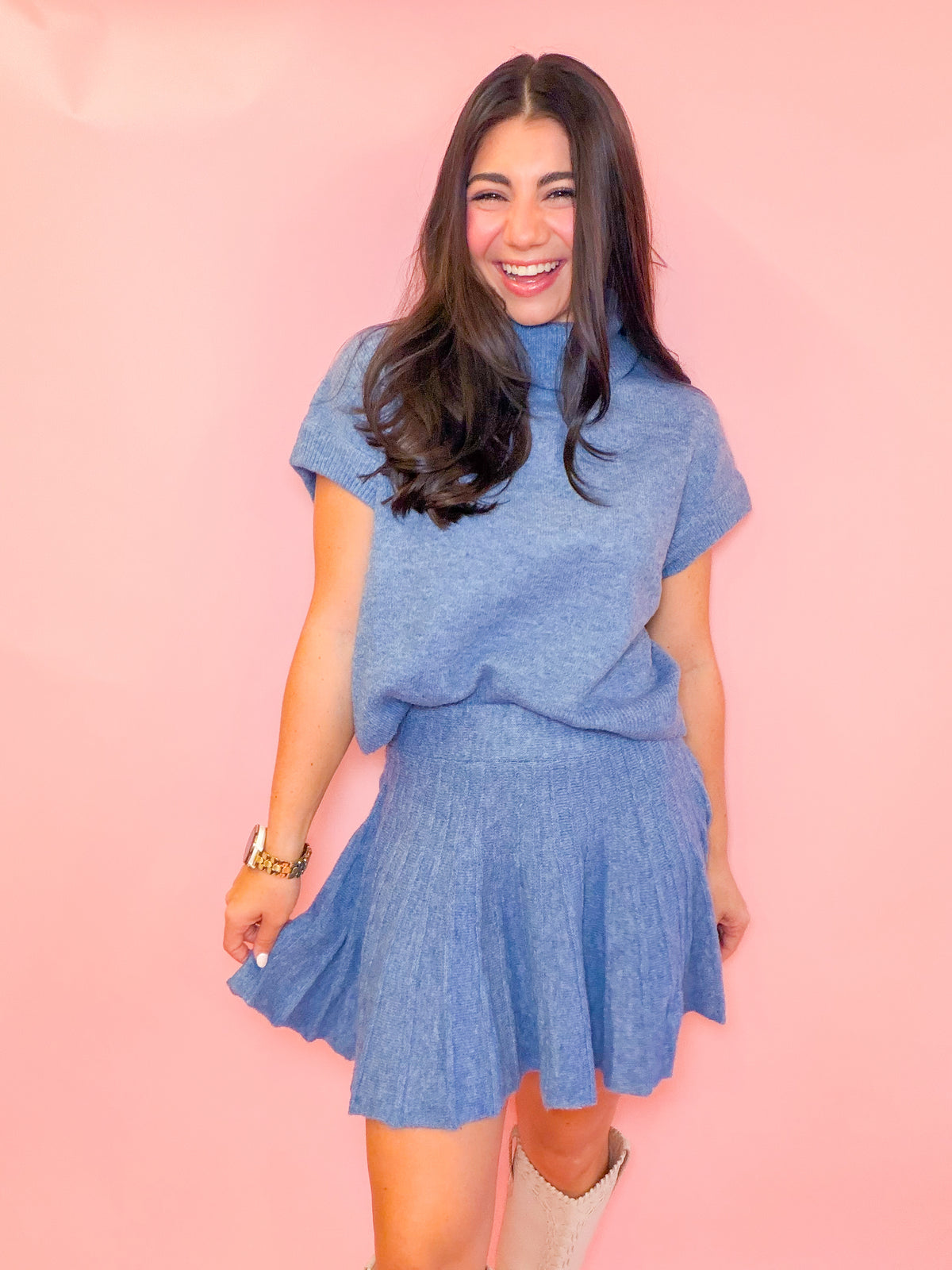 TURTLENECK TOP + PLEATED SKIRT SET - DUSTY BLUE