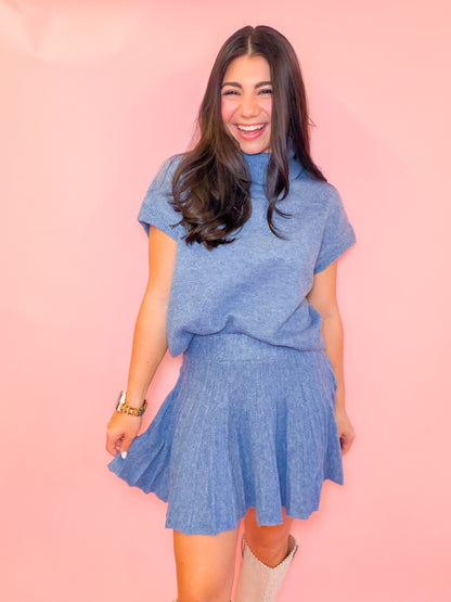 TURTLENECK TOP + PLEATED SKIRT SET - DUSTY BLUE